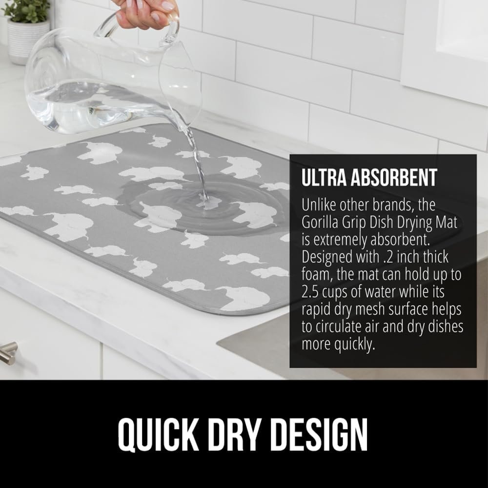 Gorilla Grip Ultra Water Absorbent Microfiber Dish Drying Mat, 18x24, Quick Dry Thick Mesh, Slip Resistant Pad for Sink Dishes or Under Rack, Kitchen Counter Accessories, Machine Wash Mats, Elephants: Home Kitchen