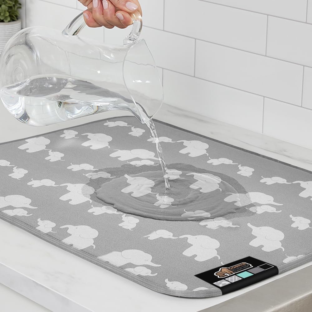 Gorilla Grip Ultra Water Absorbent Microfiber Dish Drying Mat, 18x24, Quick Dry Thick Mesh, Slip Resistant Pad for Sink Dishes or Under Rack, Kitchen Counter Accessories, Machine Wash Mats, Elephants: Home Kitchen