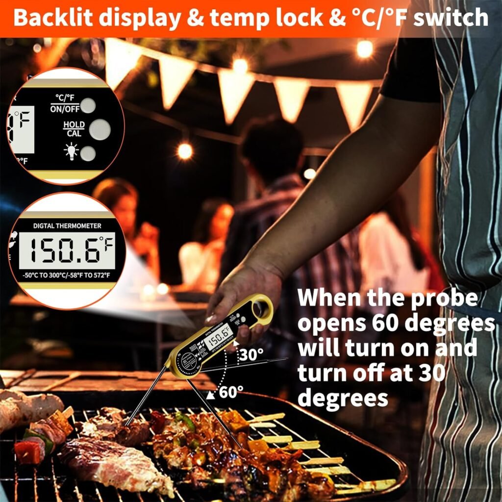 Instant Read Meat Thermometer Digital, judogolf ipx6 Candy Thermometer Food Thermometer Cooking Thermometer with Backlight, Calibration, and Foldable Probe for Grilling(Yello)