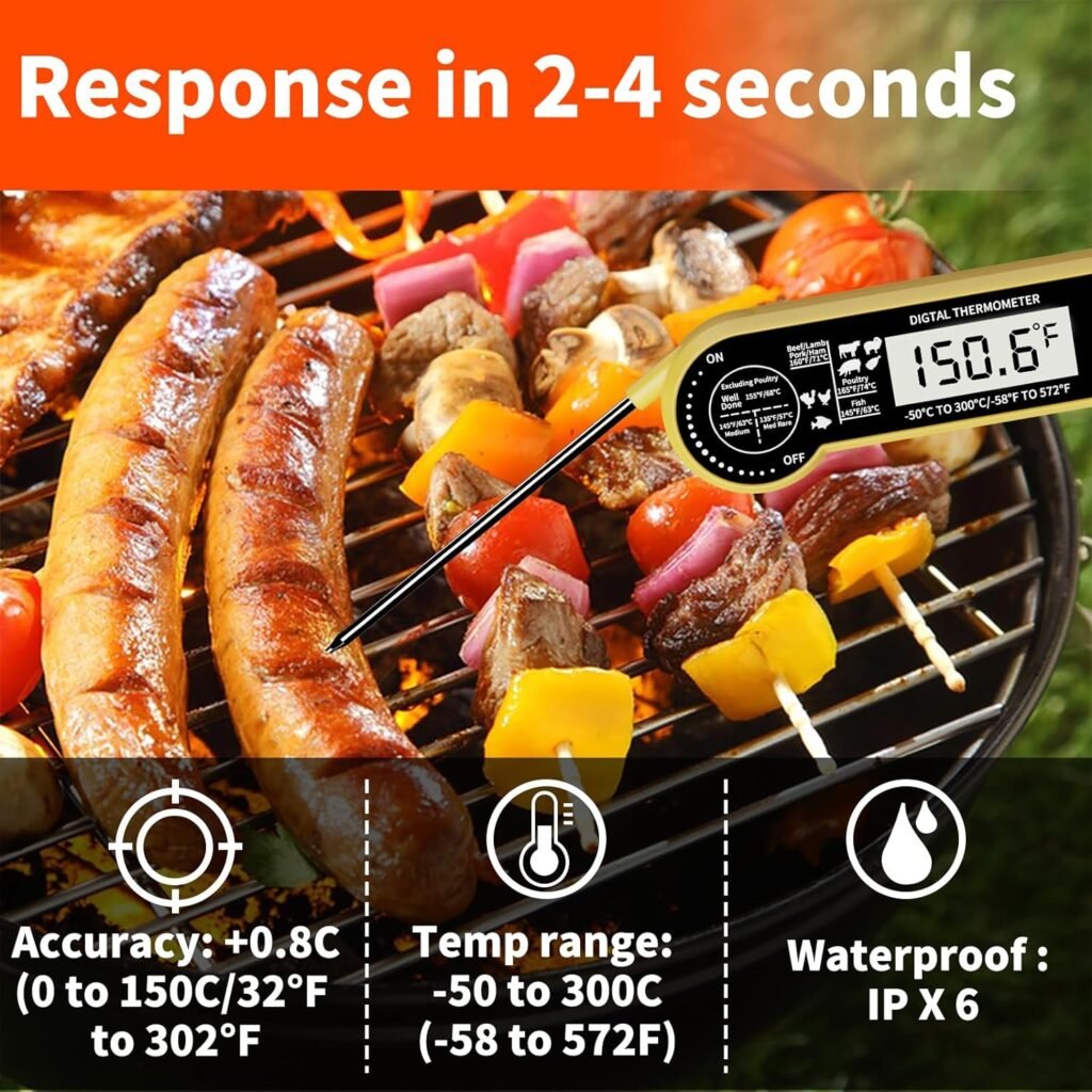 Instant Read Meat Thermometer Digital, judogolf ipx6 Candy Thermometer Food Thermometer Cooking Thermometer with Backlight, Calibration, and Foldable Probe for Grilling(Yello)