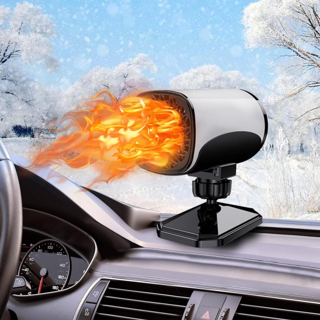Portable Car Heater,Auto Heater Fan,Car Windshield Defogger Defroster,2in1 Fast Heating or Cooling Fan,12V150W Auto Ceramic Heater Fan Fast Heating360Degree Rotary Defroster Defogger (Black and white)